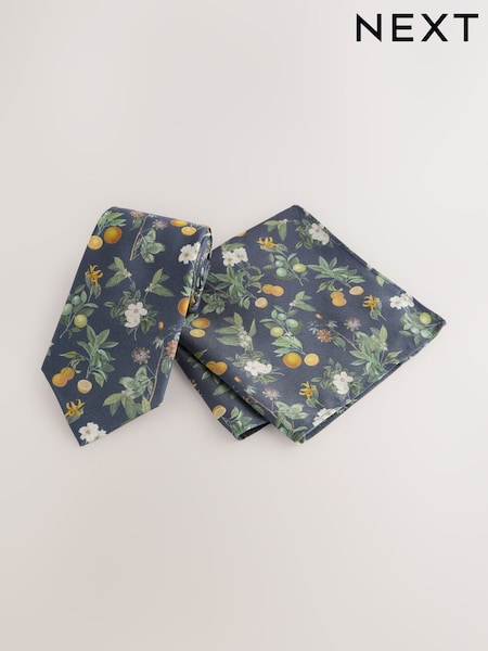 Navy Kew Gardens Floral Tie and Pocket Square (F02995) | € 27