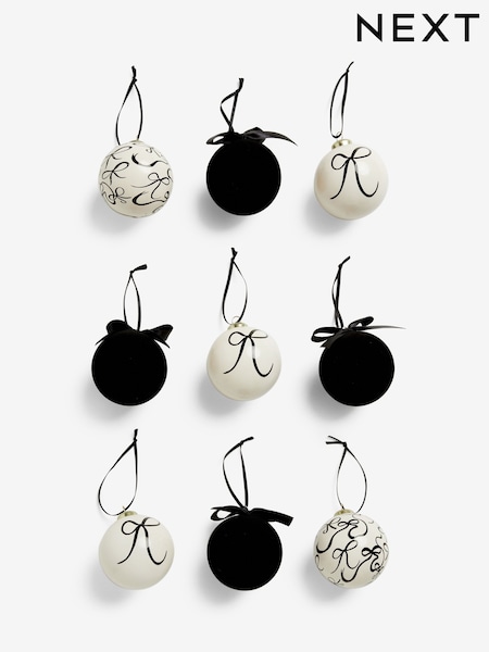 Set of 9 Black/White Bow Christmas Baubles (F03028) | €11