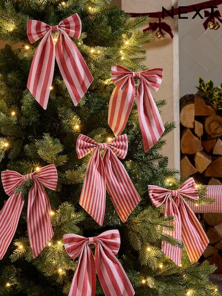 6 Pack Red/White Stripey Bow Christmas Baubles (F03051) | €18