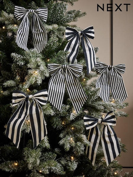 6 Pack Black/White Stripey Bow Christmas Baubles (F03053) | €16
