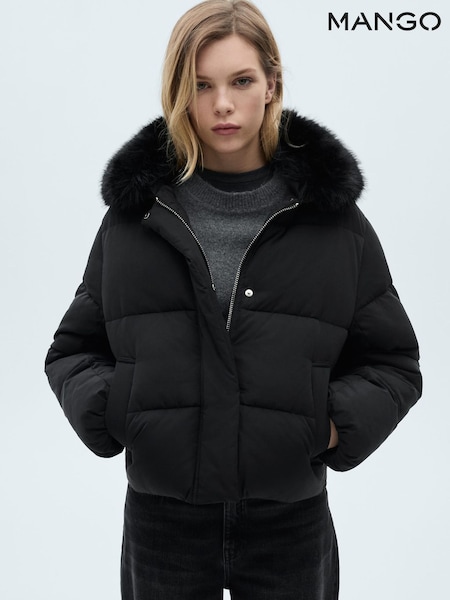 Mango Black Hooded Padded Faux Fur Jacket (F03143) | €56