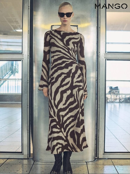 Mango Brown Animal Print Flared Alegra Dress (F03175) | €53