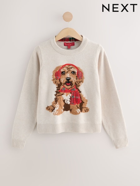 Cream Tartan Dog Graphic Christmas Jumper (F03200) | €39