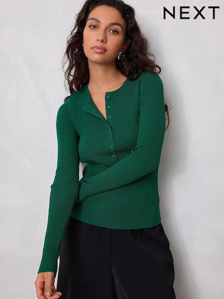 Verde escuro - Ribbed Crew Neck Long Sleeve Henley Jumper (F03206) | R$ 220