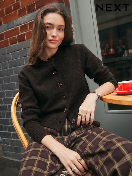 Chocolate Brown Crew Neck Knitted Cardigan (F03208) | €31