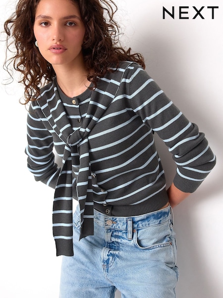 Grey/Blue Stripe Scarf Layer Crew Neck Cardigan (F03209) | €37