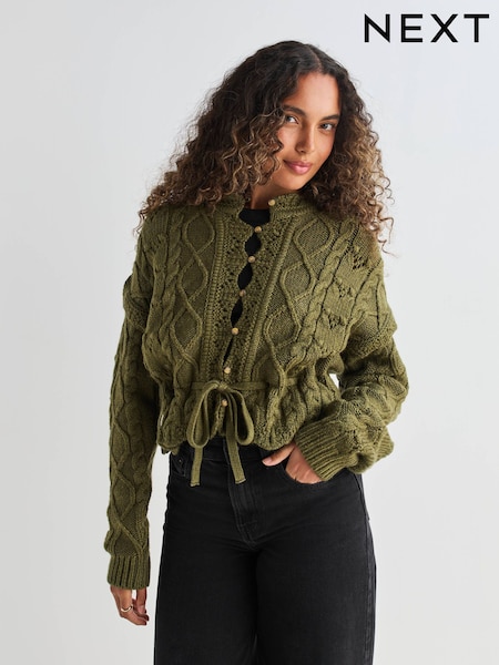 Khaki Green Stitchy Cable Tie Waist Cardigan (F03210) | €56