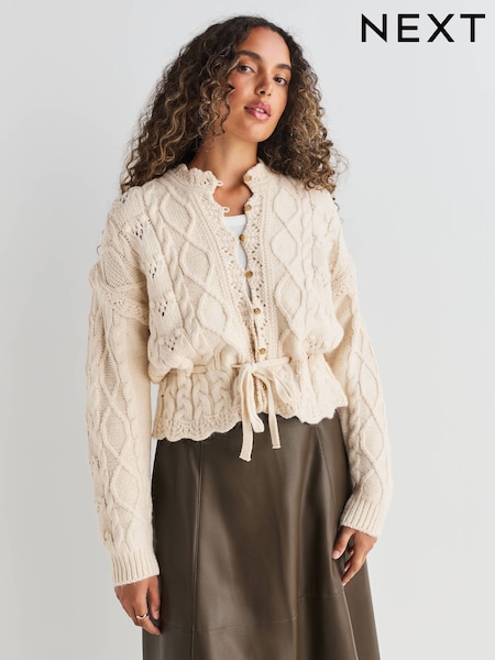 Ecru Stitchy Cable Tie Waist Cardigan (F03214) | €56