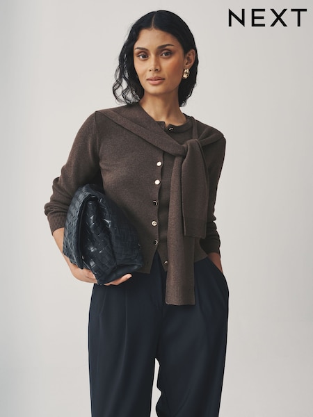 Chocolate Brown Scarf Layer Crew Neck Cardigan (F03215) | €37