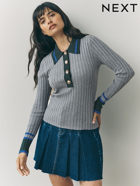 Grey Multi Ribbed Long Sleeve Polo Jumper (F03219) | AED126
