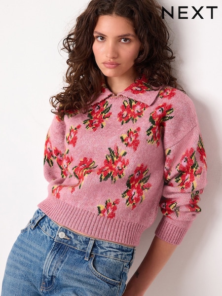 Pink Floral Brushed Knitted Polo Jumper (F03220) | AED206