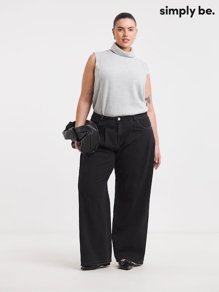 Simply Be Black Tint Double Pleat Detail Wide Leg Jeans (F03225) | €60