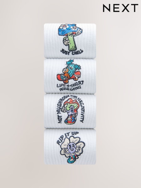 White Mushroom Embroidered Sports Socks 4 Pack (F03241) | €20