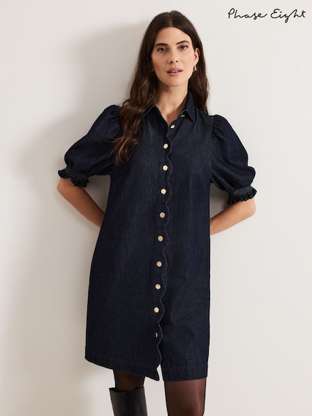 Phase Eight Blue Candice Denim Scallop 100% Cotton Dress (F03264) | ₪498