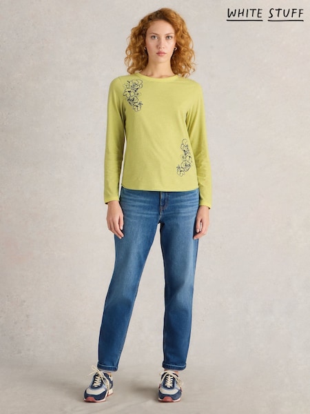 White Stuff Yellow Clara Embroidered 100% Cotton T-Shirt (F03339) | R$ 385