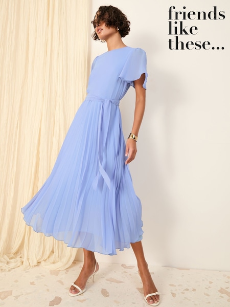 Friends Like These Pale Blue Angel Sleeve Chiffon Pleat Midi Dress (F03402) | AZN 163