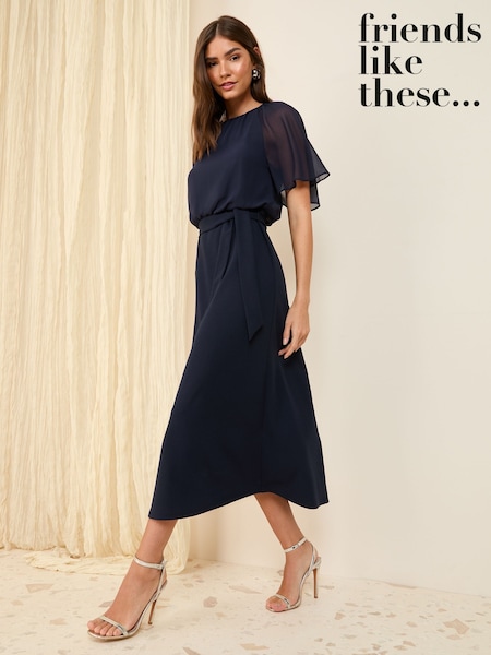 Friends Like These Navy Blue Scuba Chiffon Flutter Sleeve Midi Dress (F03403) | $84