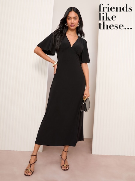 Черный - Friends Like These V-Neck ITY Flutter Sleeve Midi Dress (F03410) | €52