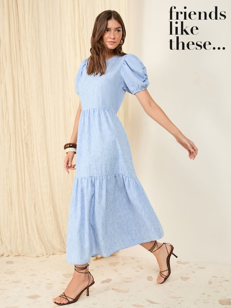 Friends Like These Pale Blue Puff Sleeve Tiered Hem Midi Dress (F03429) | R$ 395