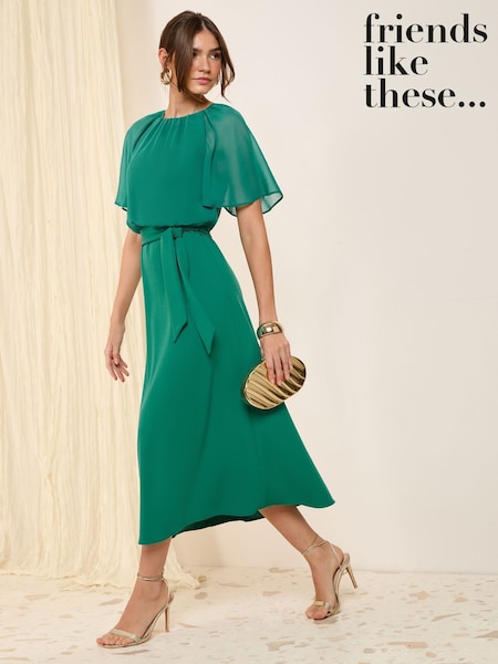 Friends Like These Green Scuba Chiffon Flutter Sleeve Midi Dress (F03448) | R$ 455