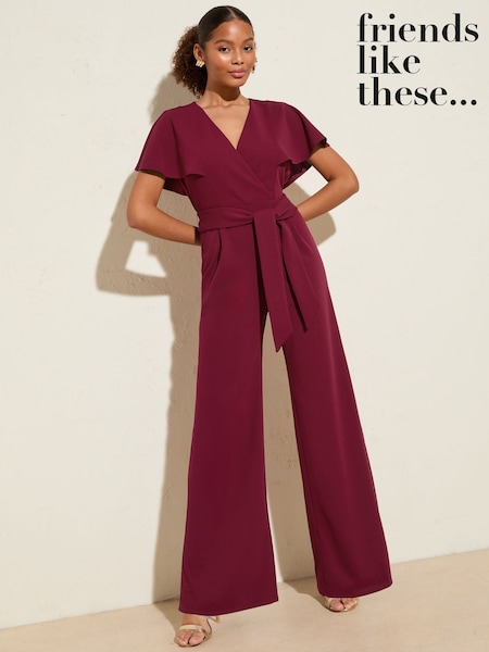 Friends Like These Berry Red Short Frill Sleeve Scuba Wrap Jumpsuit (F03452) | €66