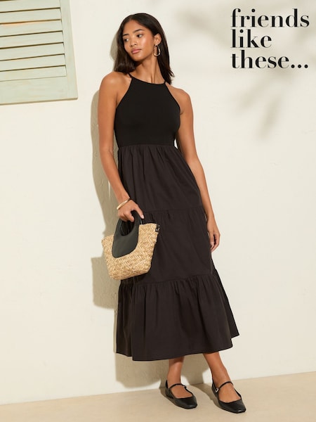 Negru - Friends Like These 2 in 1 Cotton Mix Racer Tiered Midi Dress (F03453) | 268 LEI