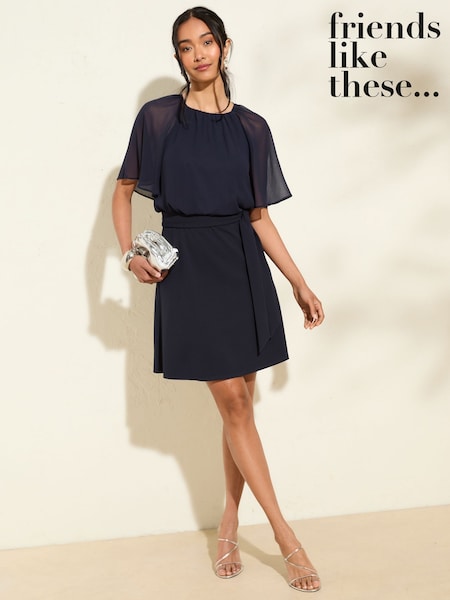 Friends Like These Navy Blue Petite Scuba Chiffon Flutter Sleeve Mini Dress (F03456) | €58