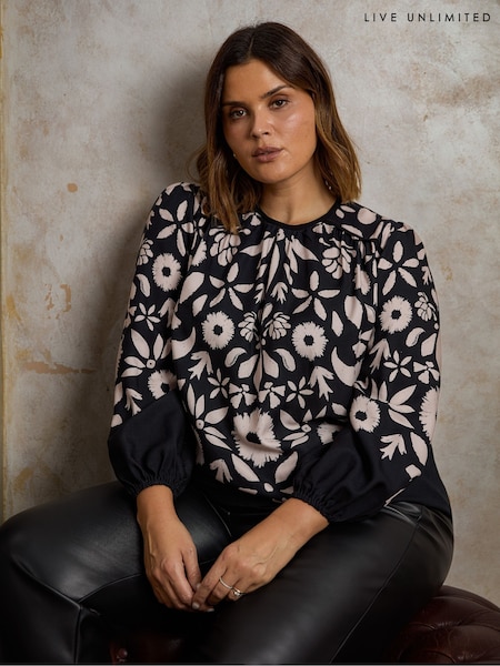 Live Unlimited Black Graphic Floral Placement Blouse (F03483) | €53