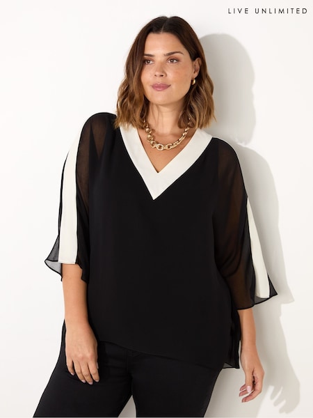 Live Unlimited Black V-Neck Colourblock Overlay Top (F03492) | $53