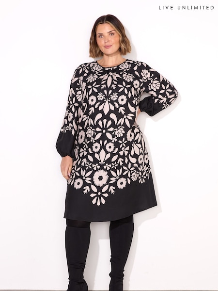 Live Unlimited Black Curve Graphic Floral Placement Dress (F03495) | €98