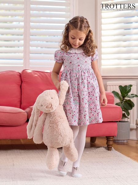 Trotters London Pink Floral Catherine Smocked 100% Cotton Dress (F03625) | €92 - €99
