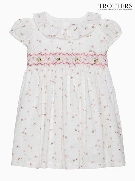 Trotters London Little Floral Bee 100% Cotton Smocked White Dress (F03674) | 492 LEI