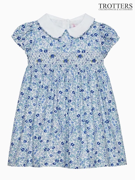 Trotters London Little Blue Floral Catherine Smocked 100% Cotton Dress (F03675) | ₪312