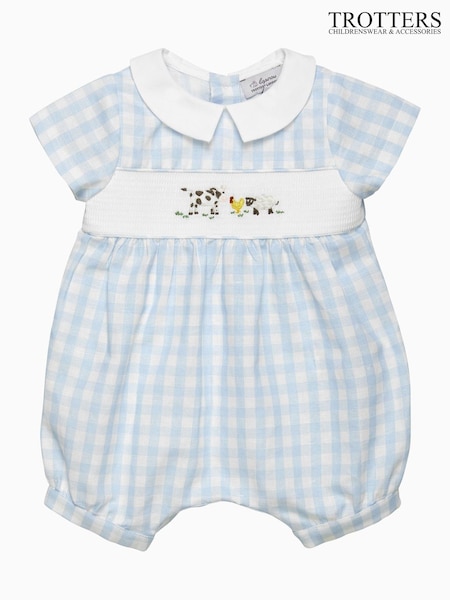 Trotters London Newborn Blue Gingham Farmyard Romper (F03677) | €74