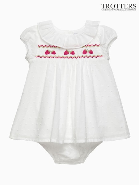 Trotters London Newborn Strawberries 100% Cotton My First Smocked Dress (F03679) | ₪327