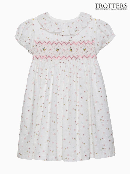 Trotters London Floral Bee Smocked 100% Cotton White Dress (F03702) | ₪382 - ₪412