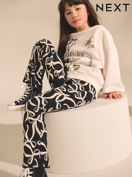 Black/White Bow 1 Pack Rib Flare Leggings (3-16yrs) (F03751) | €10 - €17