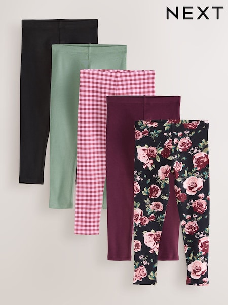 Floral/Check/Berry Red Leggings 5 Pack (3-16yrs) (F03791) | 99 QAR - 139 QAR