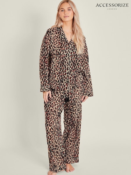 Accessorize Natural Leopard Print Long 100% Cotton Pyjamas Set (F03829) | AED238