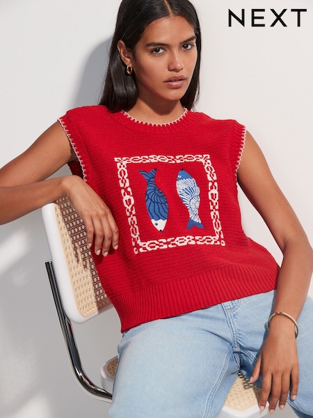 Red Fish Graphic Knitted Tank with Cotton (F03834) | R$ 365