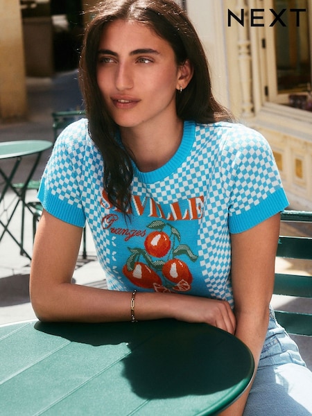 Blue Bright Gingham Summer Graphic Print Crew Neck T-Shirt (F03838) | €43.50