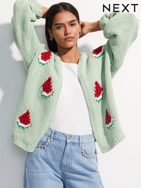 Green Mint Watermelon Print Relaxed Chunky Knit Cardigan with Cotton (F03839) | € 39