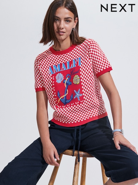 Red Gingham Summer Graphic Print Crew Neck T-Shirt (F03842) | €43.50