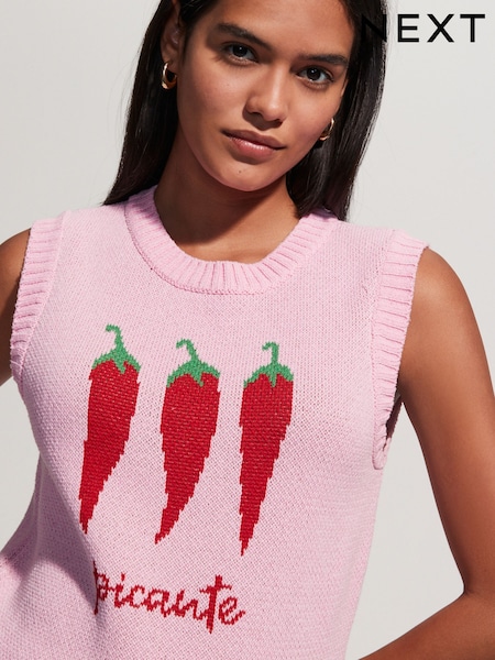 Bright Pink Chilli Pepper Graphic Print Crew Neck Knitted Tank (F03843) | €49.50