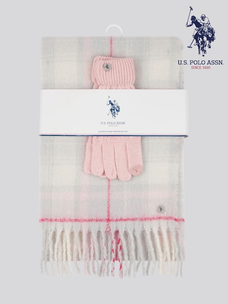 U.S. Polo Assn. Grey Womens Cable Gloves and Check Scarf Box Set (F03956) | AED131