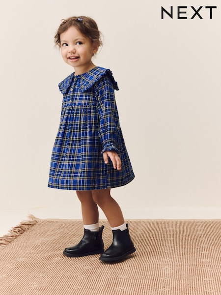 Cobalt Blue Check Long Sleeve Collar Dress (3mths-8yrs) (F03963) | AED71 - AED86