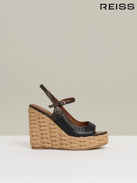Reiss Chocolate/Black Camila Leather Whipstitch Wedges Sandals (F04006) | €273