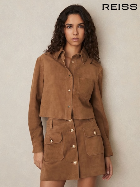 Reiss Tan Connie Suede Press-Stud Cropped Shirt (F04032) | €495