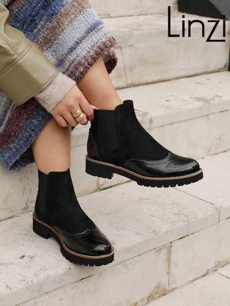 Linzi Black Cleo Patent & Suede Brogue Style Chelsea Boots (F04066) | R$ 365