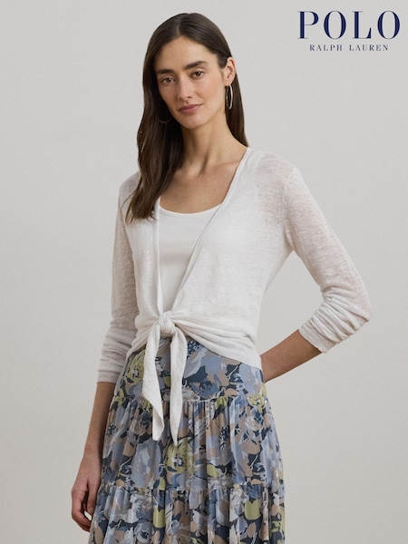 Lauren Ralph Lauren Caelyn Linen Tie Front White Cardigan (F04236) | € 222